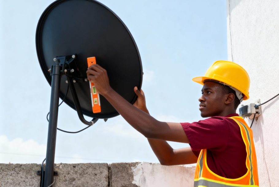 Young-African-Man-In-Uniform-Fitting-TV-Satellite-Dish-On-Wall